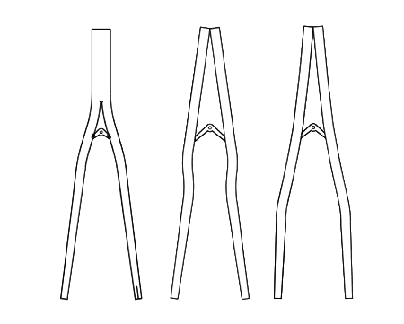 Tre diverse soluzioni per i pendenti posteriori, i disegni possono essere comunque tantissi. Varia la distribuzione delle vibrazioni ma bisogna tenere conto anche del materiale. La figura a destra rappresenta la geometria monostay scelta solitemente per la fibra di carbonio. 